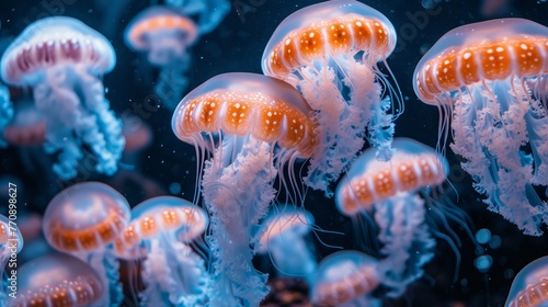  A group of jellyfish swim in the water, their umbrella-shaped bells facing upwards, giving the illusion of floating heads