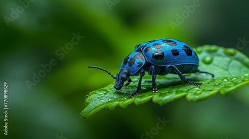   A tight shot of a blue-black insect perched on a wet leaf, dotted with water droplets © Wall