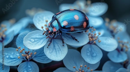   A tight shot of a bug perched on a flower, sporting water droplets on its dorsal and lateral surfaces photo