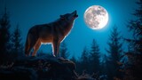   A wolf atop a rock gazes at the full moon, backdrop of the vast, illuminated night sky