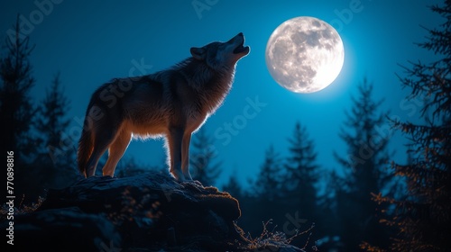  A wolf atop a rock gazes at the full moon, backdrop of the vast, illuminated night sky