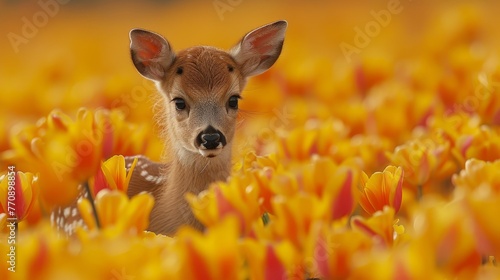  A baby deer amidst a field of red and yellow tulips