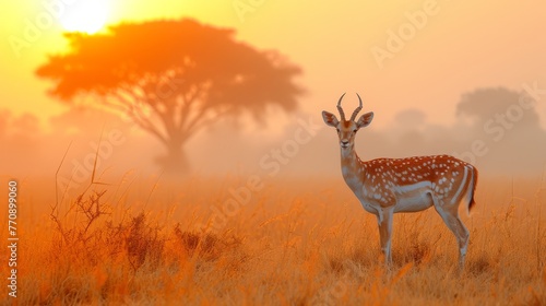  A gazelle stands in a field of tall grass, sun behind, trees in foreground