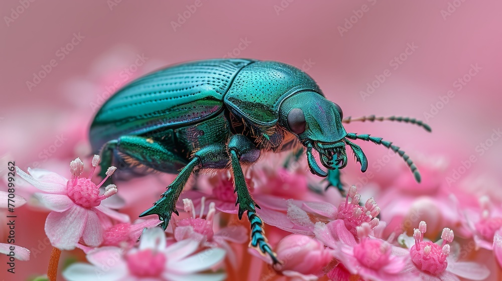Naklejka premium A tight shot of a green insect on a flower, surrounded by pink and white blooms in the foreground, and a backdrop of similar flowers in the background