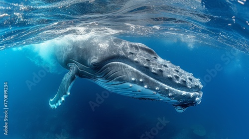   A humpback whale swims beneath the water's surface, exposing only its head © Wall