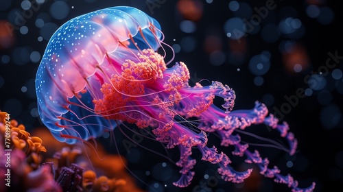  A crisp close-up of a jellyfish against a black backdrop, with its head subtly blurred