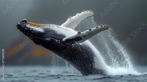   A humpback whale leaps from the water, its fluke  visible beyond the surface photo