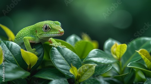  A green gecko atop a lush green plant, surrounded by numerous other leaves