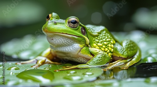   A tight shot of a frog atop a wet leaf  speckled with water droplets  against an indistinct backdrop