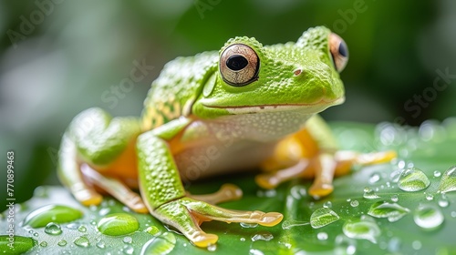  A tight shot of a frog perched on a leaf, adorned with water droplets on its surface, against a softly blurred background