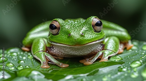   A tight shot of a frog perched on a wet leaf against a green backdrop  speckled with water droplets