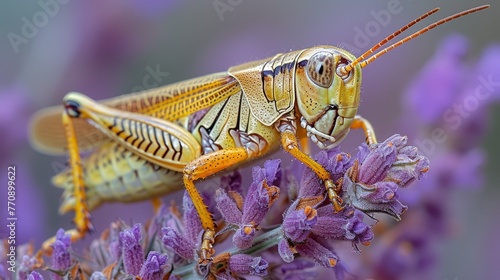   A tight shot of a grasshopper perched on a purple plant Purple flowers fill the foreground, while the background softly blurs © Wall