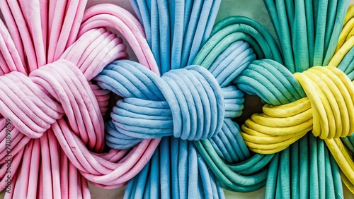 colorful rope closeup, tied knot, blurred background. Teamwork concept, background with selective focus and copy space