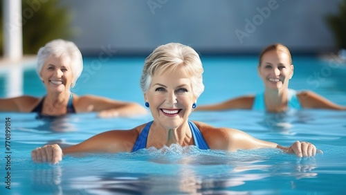 Elderly women training in the pool, women 70 years old doing sports in the pool, jumping, doing water aerobics