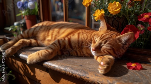  A cat closely seated on a windowsill, near a flower pot teeming with yellow and red blooms