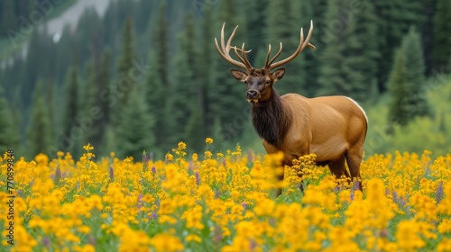  A close-up of a deer in a field of flowers with a mountain in the background