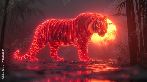  Tiger, standing centrally in forest, faced illuminated by radiant red light © Wall