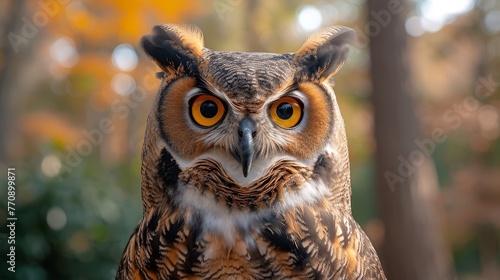  A tight shot of an owl's expressive face amidst tree trunks and leafy background