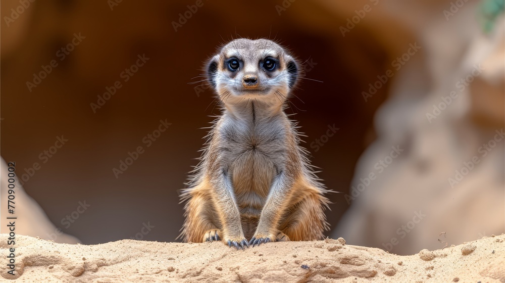 Fototapeta premium A meerkat, small in stature, perches atop a sandy knoll Behind it, a cave nestled in the hillside serves as a backdrop