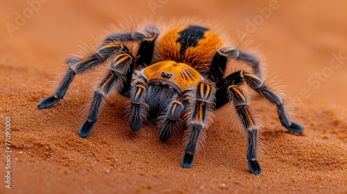  A tight shot of a yellow and black spider on a scarlet sand expanse Its back legs exhibit orange and black striations