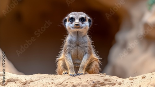  A meerkat, small in stature, perches atop a sandy knoll Behind it, a cave nestled in the hillside serves as a backdrop