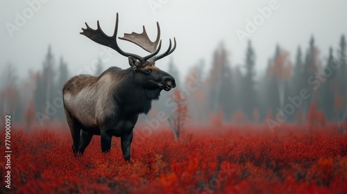  A moose, boasting large antlers, stands in a red-hued field before a dense forest teeming with trees