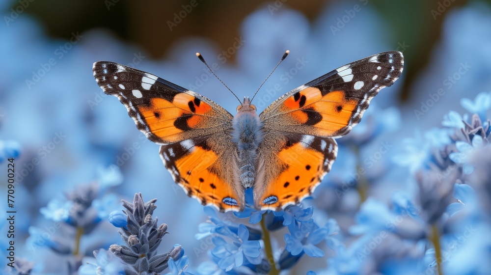 Fototapeta premium A tight shot of a butterfly atop a blue flower, surrounded foreground, backdrop softly blurred