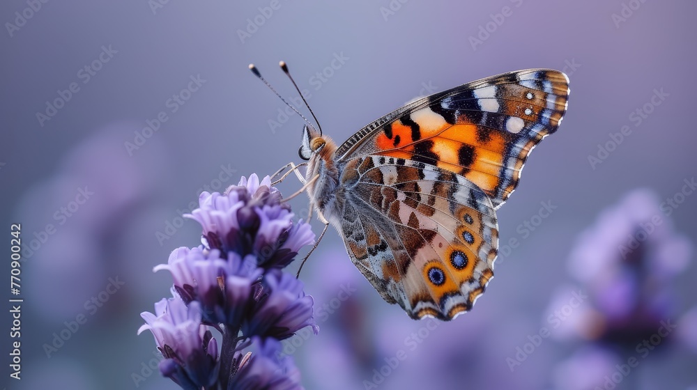 Obraz premium A tight shot of a butterfly atop a flowering plant with deep purple blooms in the foreground, against a backdrop of a tranquil blue sky