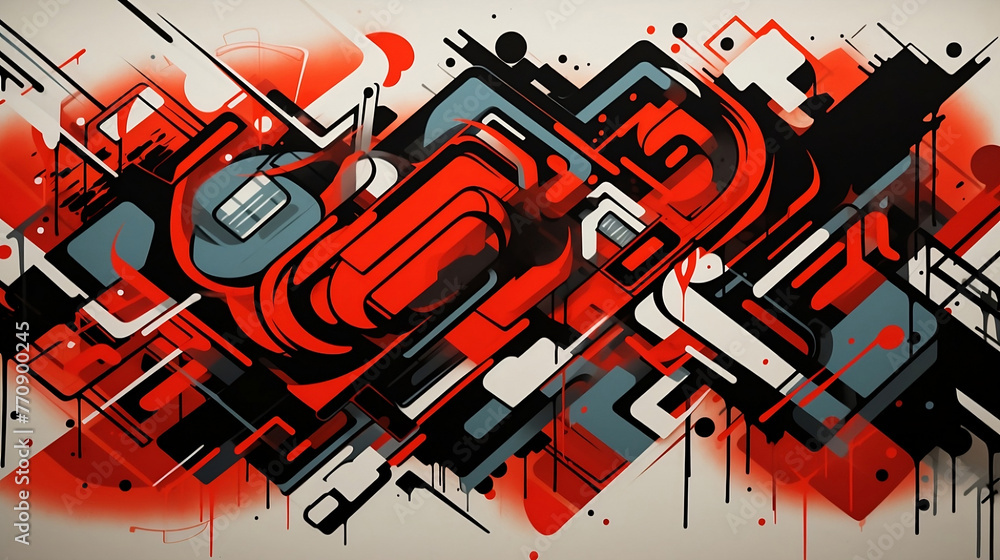 Naklejka premium A graffiti style design featuring bold, abstract shapes and lines in shades of red, black, gray and green. The background is filled with intricate patterns reminiscent of street art