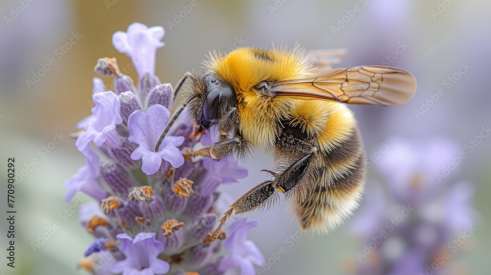A bee in tight focus, head tilted, preparing to alight on a flower A bee in tight focus, head tilted, preparing to alight on a flower