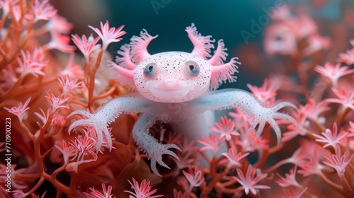   A tight shot of a tiny white-pink creature within a sea anemone, surrounded by pink-white seaweed In the backdrop, pink-white flowering anem photo