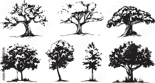 Big set of hand drawn tree sketches on white background