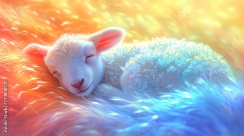  Baby sheep sleeps atop blue-yellow feather bed, eyes closed photo