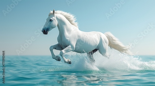  A white horse gallops through crystal-clear water on a sunny day, surrounded by a brilliant blue sky