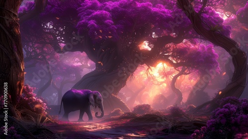   An elephant, its trunk adorned with purple flowers, stands amidst the forest backdrop with trees in the surroundings