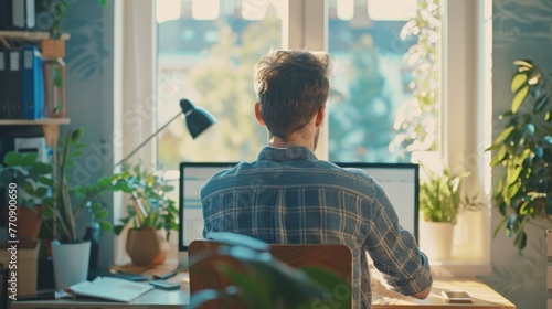 Rear view of a male freelancer working at a sunny home office desk with a green view. Healthy work-life balance concept.