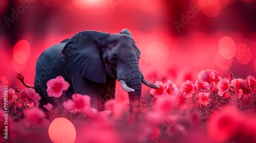  An elephant, with tusks, stands in a field of vibrant flowers Behind it, red lights emit a blurry, hazy backdrop