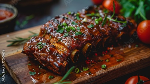 Barbecue pork ribs with savory glaze close-up - Succulent BBQ pork ribs coated in a rich glaze, adorned with fresh herbs, perfect for a hearty meal