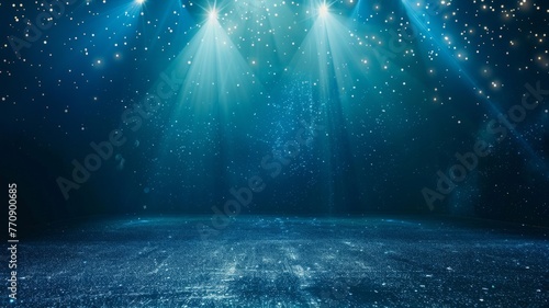 Blue sparkling stage lights with glittery floor - An enchanting image showcasing vibrant blue stage lights casting down onto a glittery, starry performance floor photo