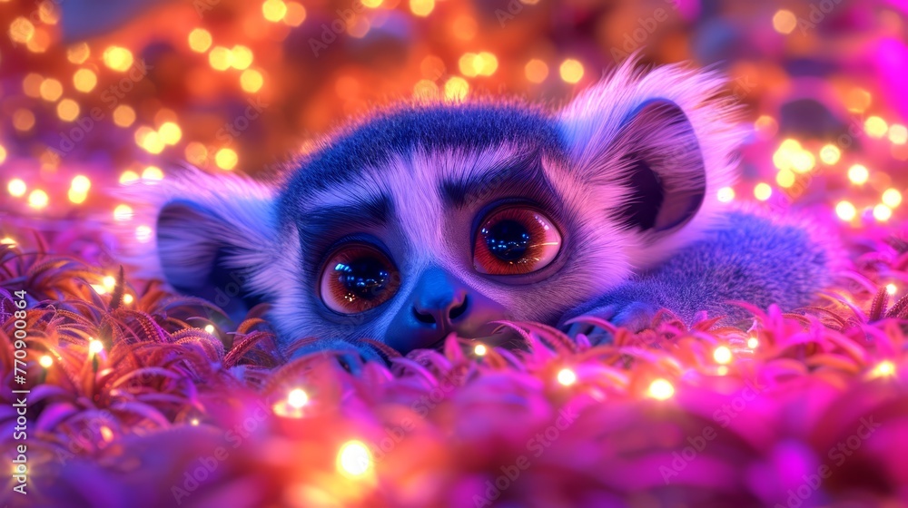 A tight shot of a small animal atop a bed of grass, illuminated by lights in the backdrop, with a softly blurred background A tight shot of a small animal atop a bed of grass, illuminated by lights in the backdrop, with a softly blurred background