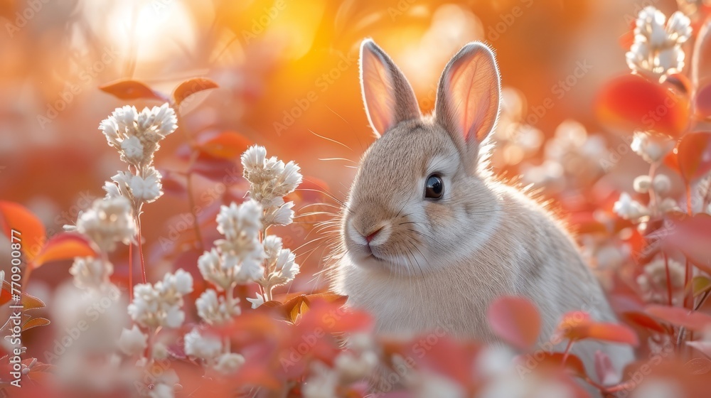 A tight shot of a rabbit amidst a flower field, surrounded by hazy red and white blossoms A tight shot of a rabbit amidst a flower field, surrounded by hazy red and white blossoms