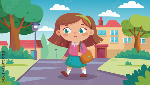 a vector illustration of a little girl going to sc