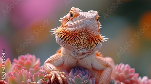  A tight shot of a lizard perched on a plant, featuring pink blossoms in the near view; the background softly fades