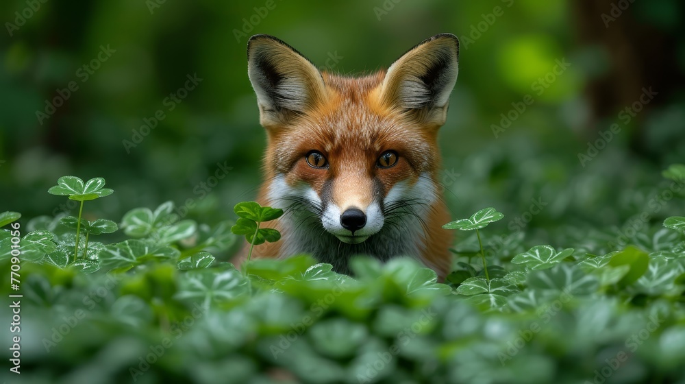 A red fox, up close, surprises among green plants in a field A red fox, up close, surprises among green plants in a field