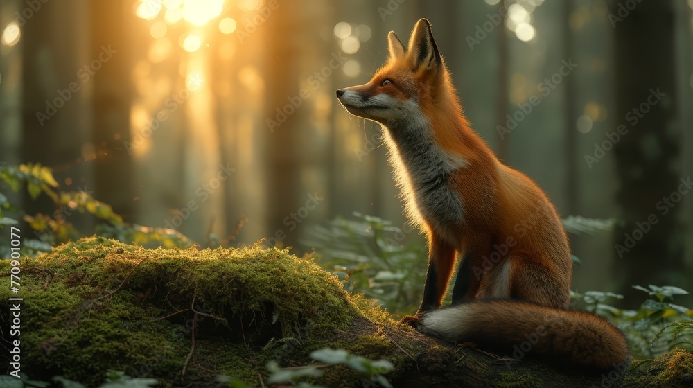   A red fox sits on a moss-covered log in a forest, sun shining through tree branches behind - obrazy, fototapety, plakaty 