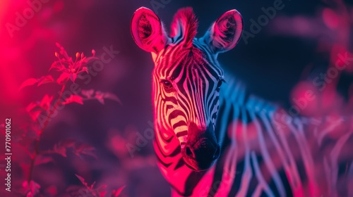   A tight shot of a zebra in a field of green grass and vibrant flowers  backdrop bathed in red and blue light