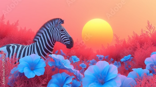   A zebra stands amidst a field of blue flowers as the sun sets in the distance