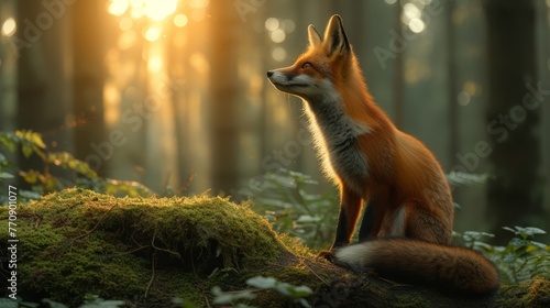   A red fox sits on a moss-covered log in a forest, sun shining through tree branches behind © Wall