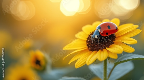  A ladybug atop a sunflower in a sunflower field, background softly blurred