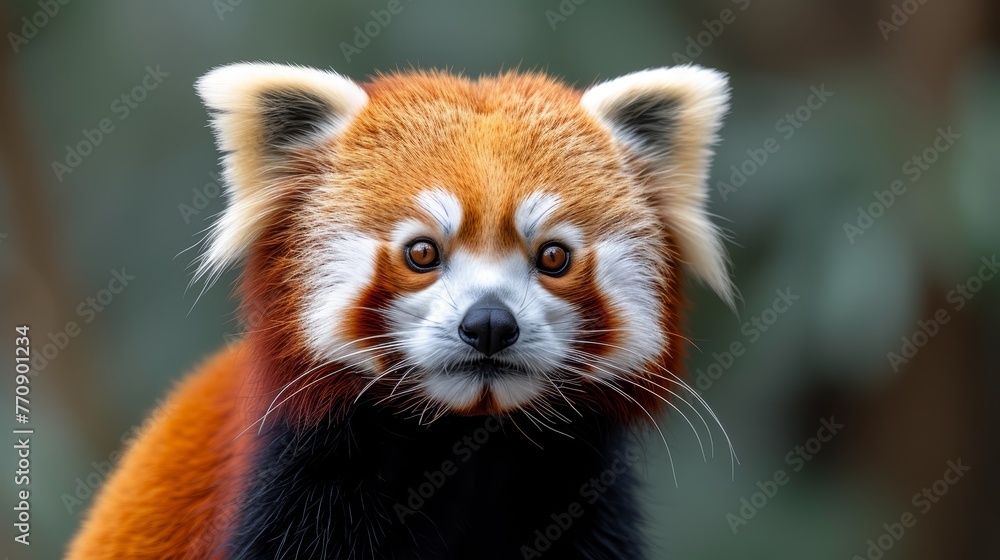 A red panda's face, tightly framed, surrounded by a softly blurred backdrop of trees A red panda's face, tightly framed, surrounded by a softly blurred backdrop of trees